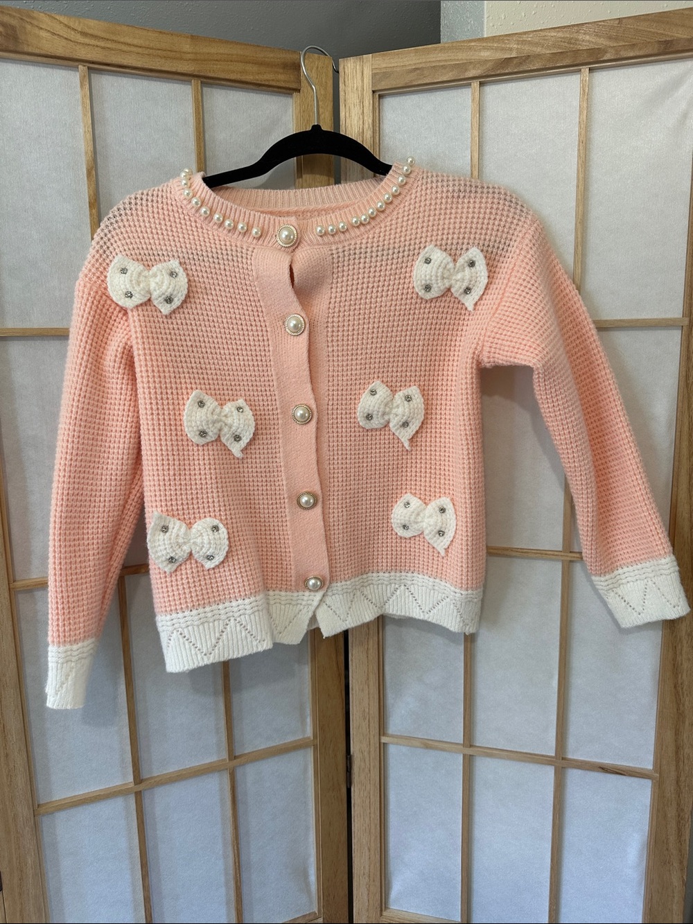 Handmade Pink Pearl-Trim Bow Cardigan Jacket